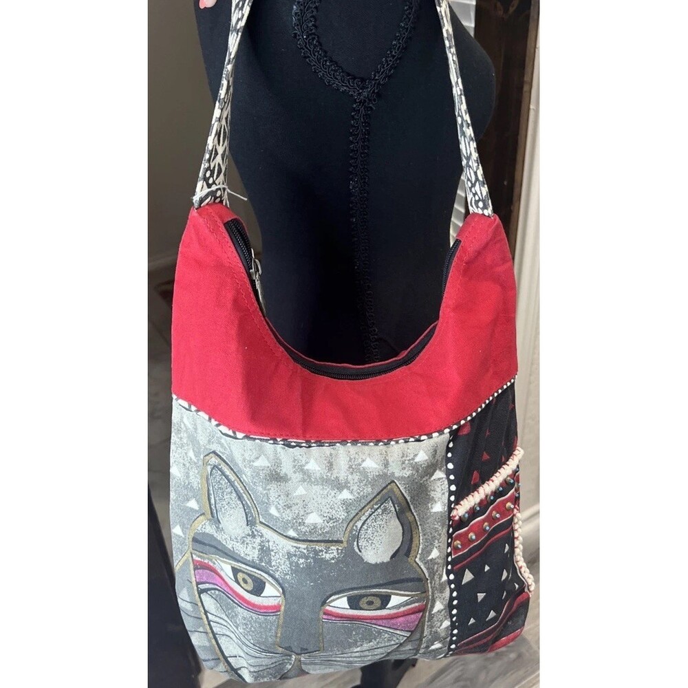 Laurel Burch Multicolor Canvas Cat Feline Shoulder Bag Tote Hobo Handbag Boho